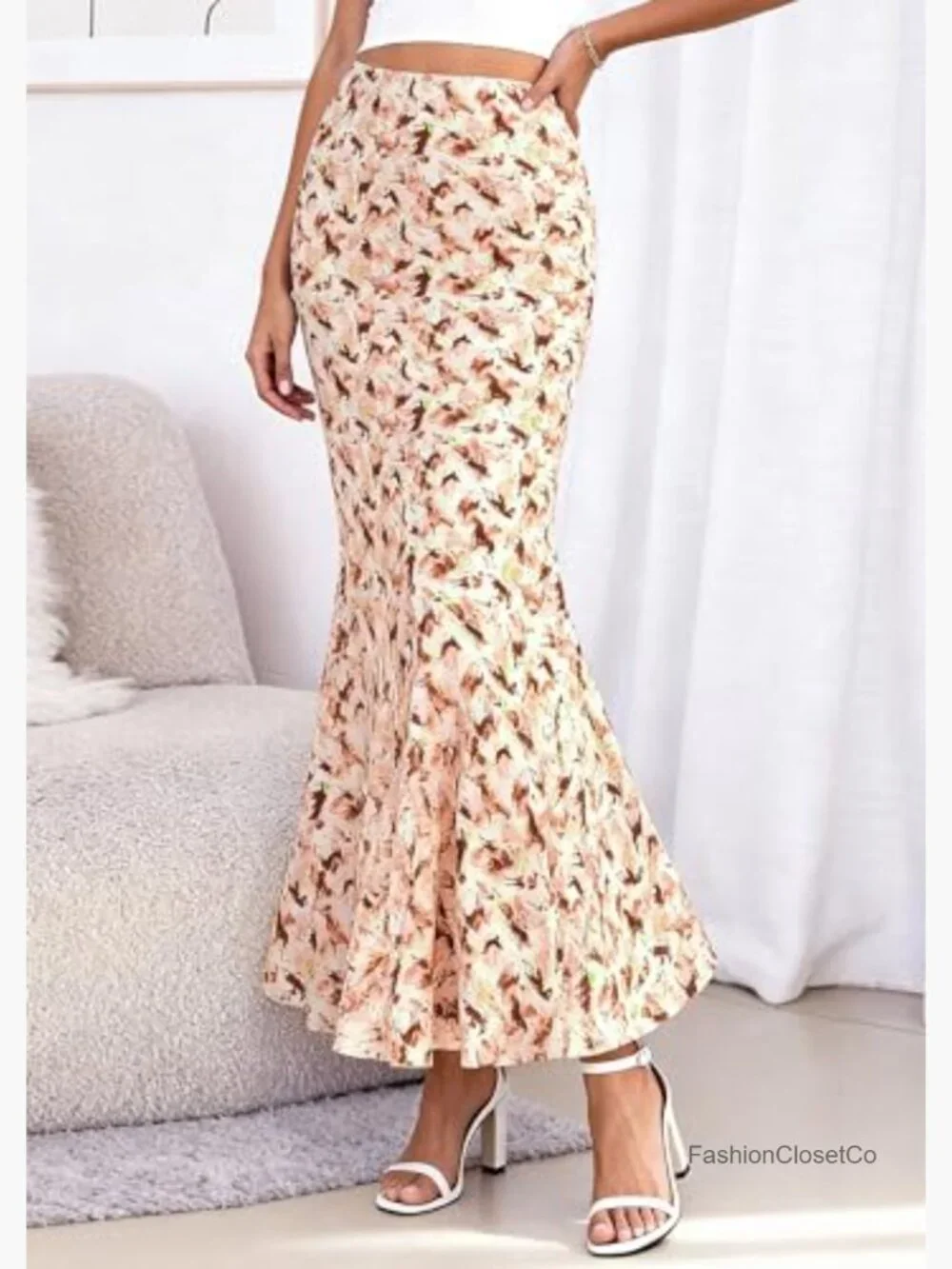 Women's Maxi Skirt High Waisted Mermaid Ruffle Flowy Office Work Long Slip Skirt - Picture 6 of 7